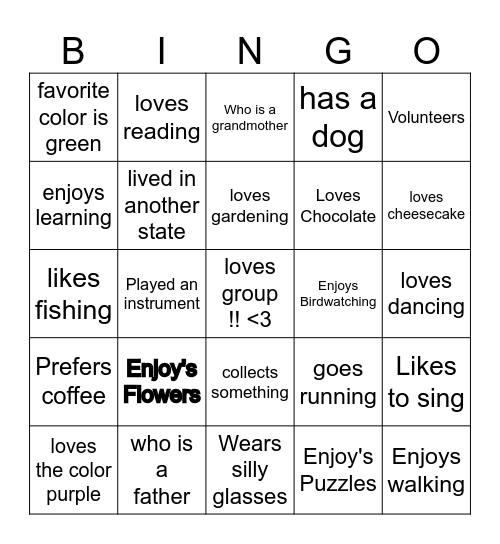 Find someone who likes... Bingo Card
