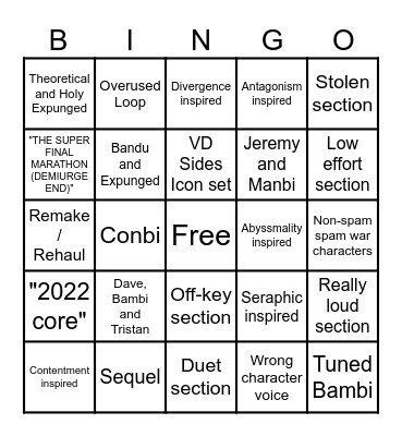 VS. Dave and Bambi Marathon Songs Bingo Card