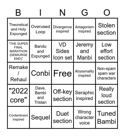 VS. Dave and Bambi Marathon Songs Bingo Card