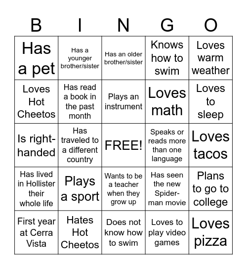 New Student Bingo Card
