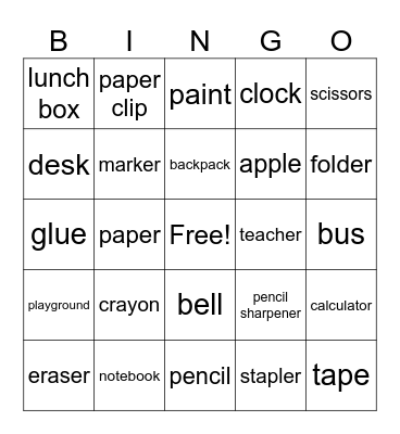 Back to School Bingo Card