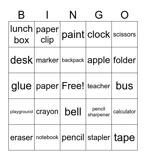 Back to School Bingo Card