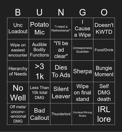 LFG Raid Bingo Card
