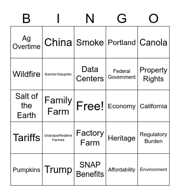 Ag Pac Bingo Card