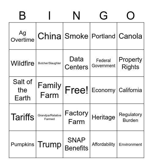 Ag Pac Bingo Card