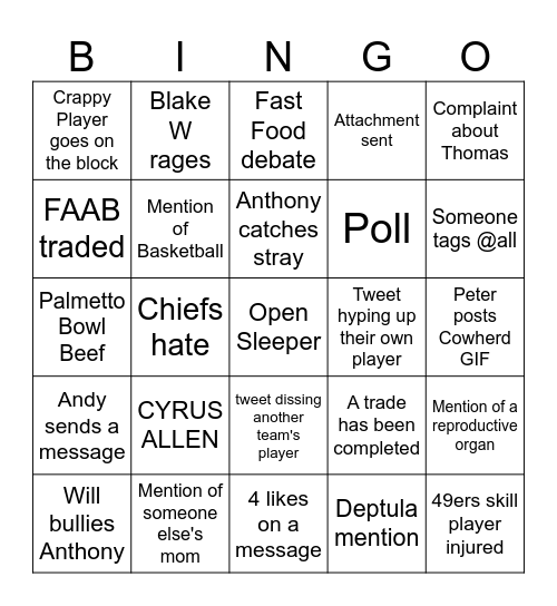 Sh'Dynasty FFB Bingo Card