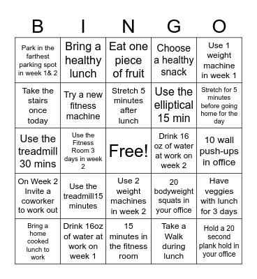 Two Week Fitness Challenge Bingo Card