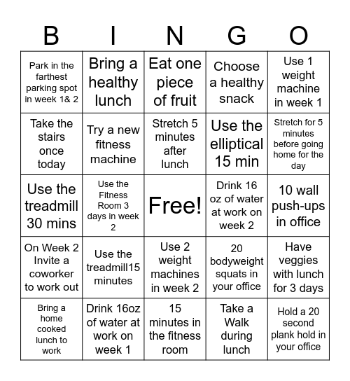 Two Week Fitness Challenge Bingo Card