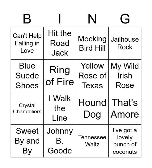 Name That Tune Bingo Card