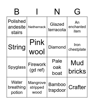 Randomized minecraft items Bingo Card