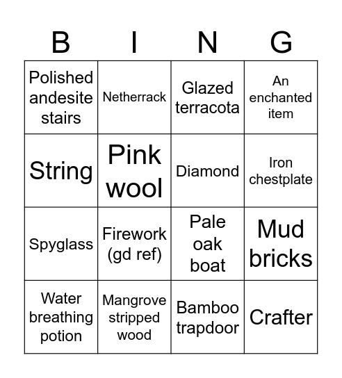 Randomized minecraft items Bingo Card