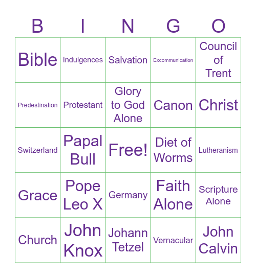 Reformation Bingo Card