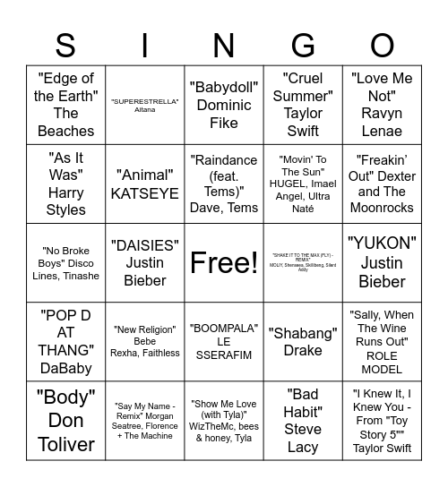 Summmer Hits 2026 Bingo Card