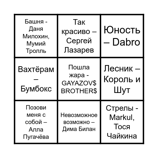 Свадебное музыкальное лото Виктории и Егора Bingo Card