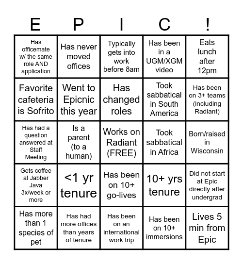 Radiant Team Building Bingo Card