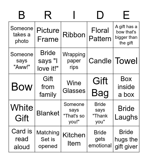 Bridal Shower Bingo Card