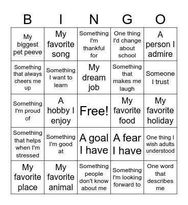 "Getting to Know Me" BINGO Card