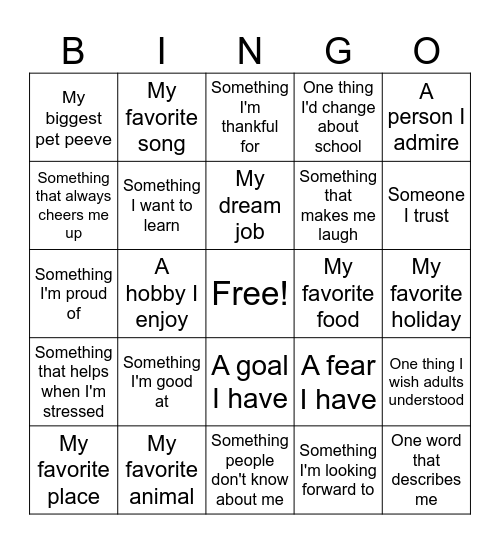 "Getting to Know Me" BINGO Card