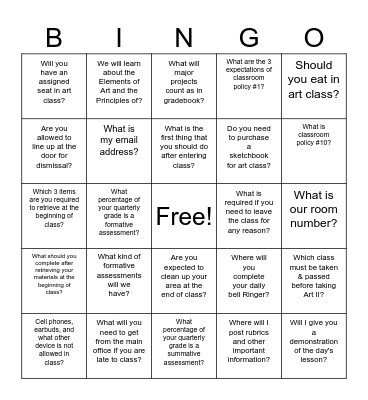 Mrs. Toups's Art Class Syllabus Bingo Card