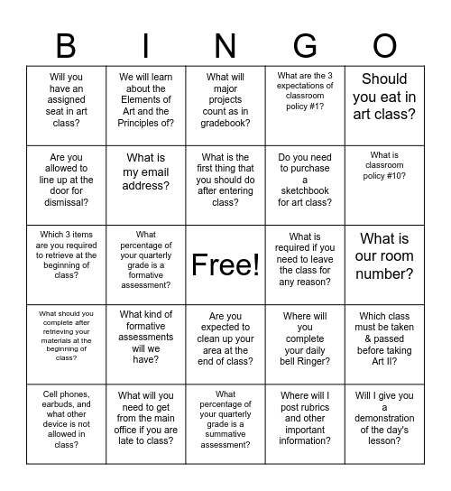 Mrs. Toups's Art Class Syllabus Bingo Card