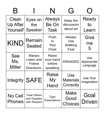 Art Room Rules Bingo Card
