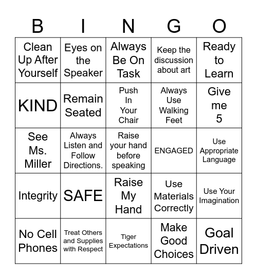 Art Room Rules Bingo Card