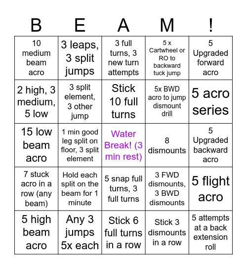Balance Beam Bingo Card