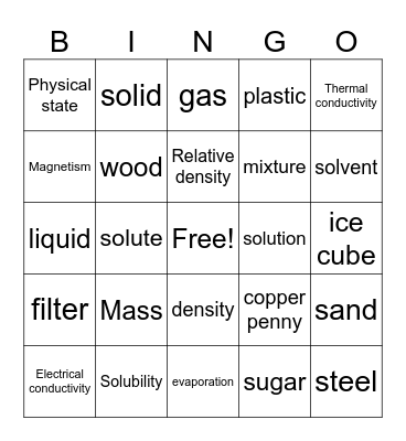 Properties of Matter Bingo Card