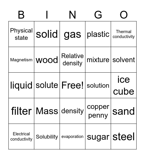 Properties of Matter Bingo Card