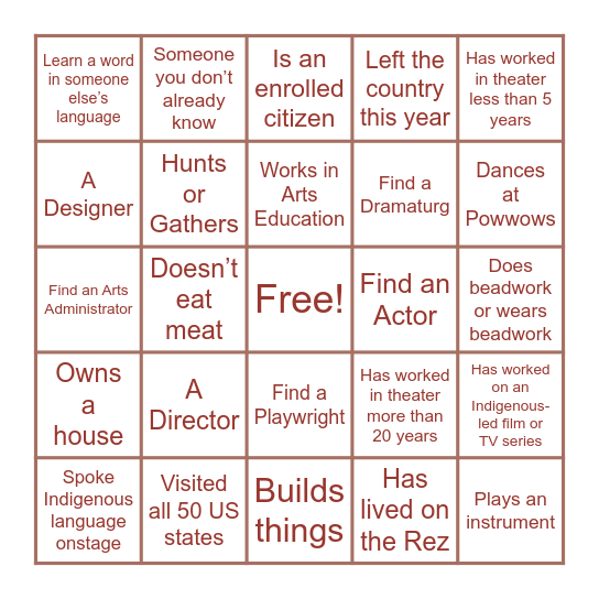 NATIVE THEATRE MINGLE BINGO Card