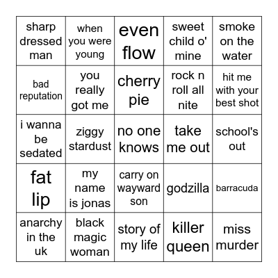 Guitar Hero I-III Bingo Card