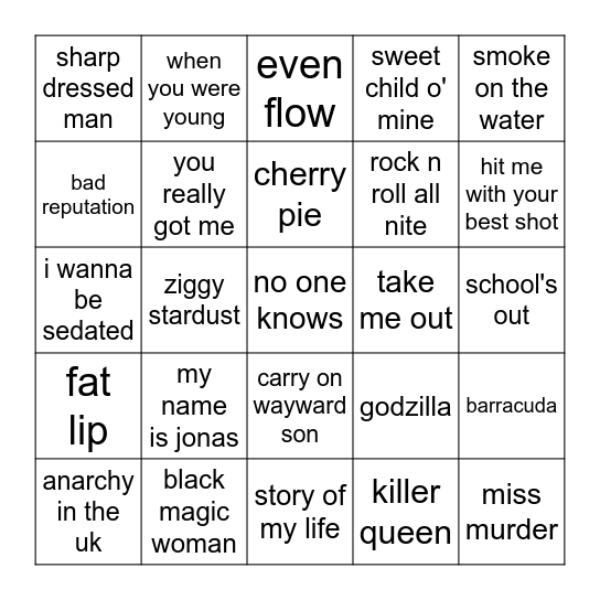 Guitar Hero I-III Bingo Card