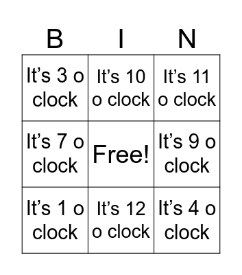 What time is it? Bingo Card
