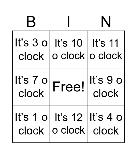 What time is it? Bingo Card