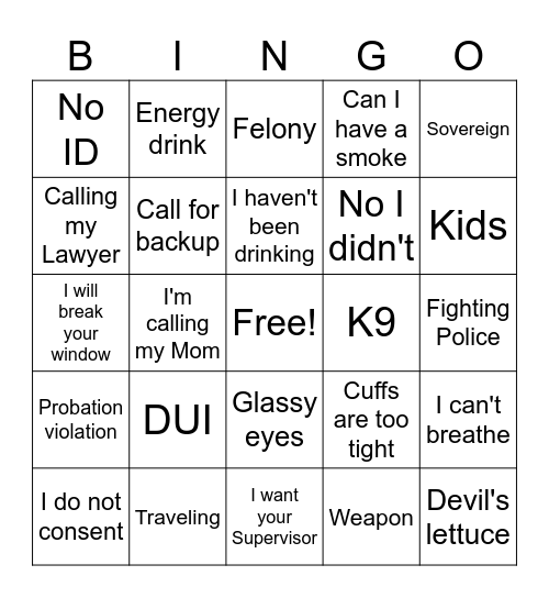 Bad Boys Bingo Card