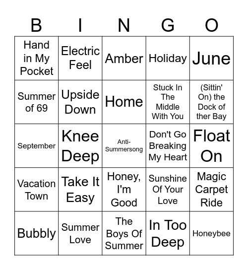 Five-0-Five Music Bingo - Summer Songs 1 Bingo Card