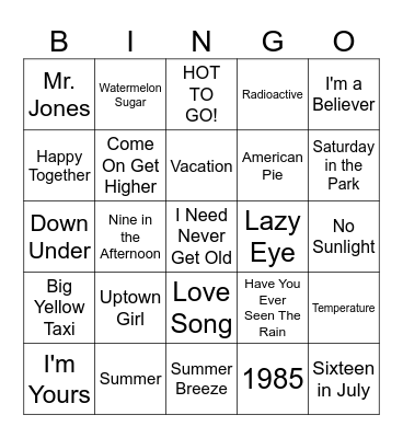 Five-0-Five Music Bingo - Summer Songs 2 Bingo Card