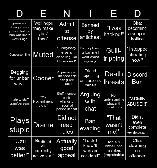 YBA BAD APPEALS BINGO Card