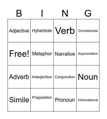 Language Arts Bingo Card