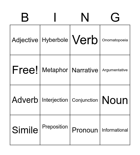 Language Arts Bingo Card