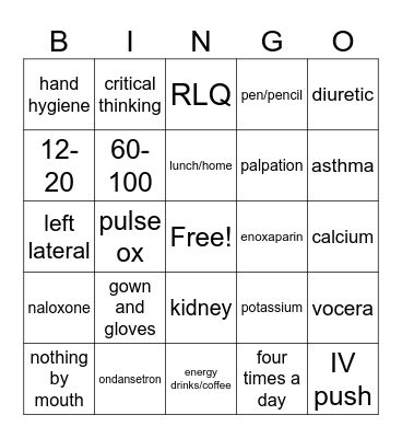 nursing student Bingo Card