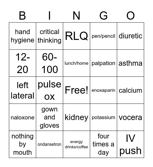 nursing student Bingo Card