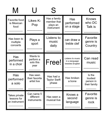 Music Get to Know You Bingo Card