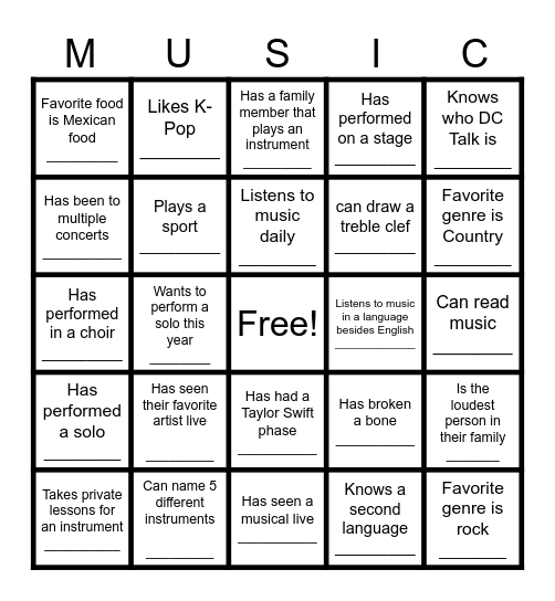 Music Get to Know You Bingo Card