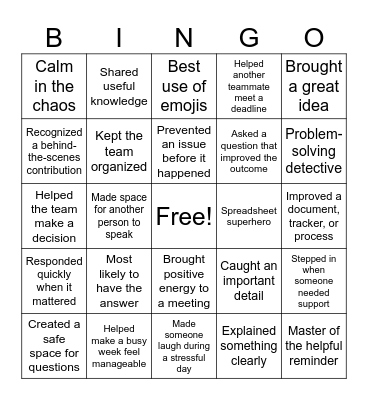 Recognition Bingo Card