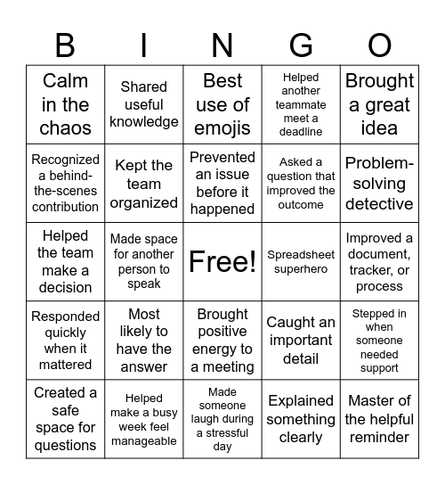 Recognition Bingo Card