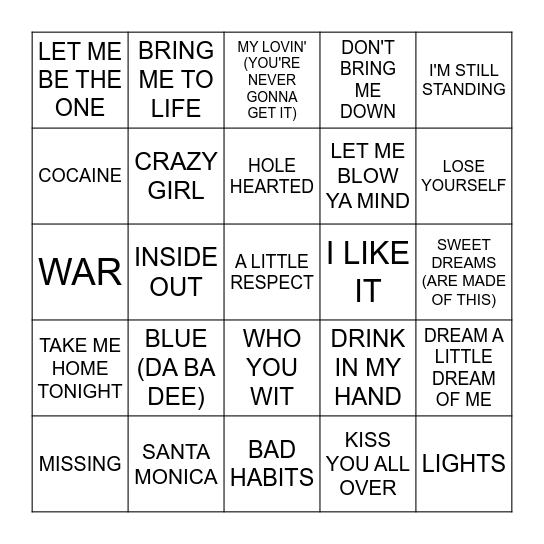 ARTISTS 'E' Bingo Card