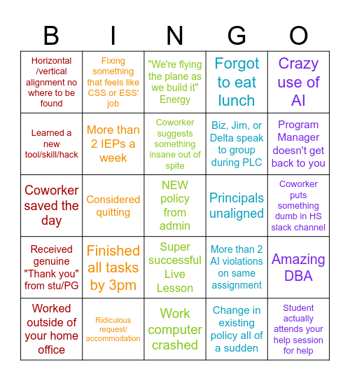 2026-2027 School Year Drinking Game Bingo Card