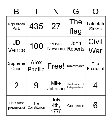 Civics Bingo Card