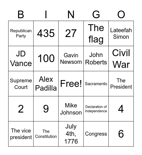 Civics Bingo Card